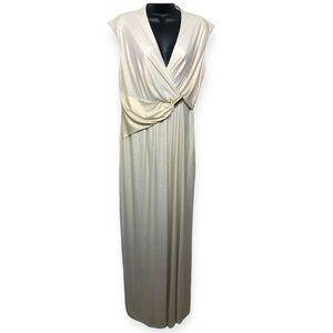 Ellen Tracy Ivory Metallic Silver V Neck‎ Sleeveless Long Gown Dress Size…​